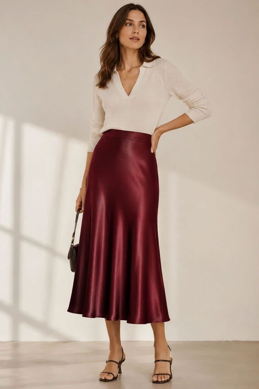 Lovii Lovii Women's Burgendy Luxe Satin A-Line Midi Skirt in Red