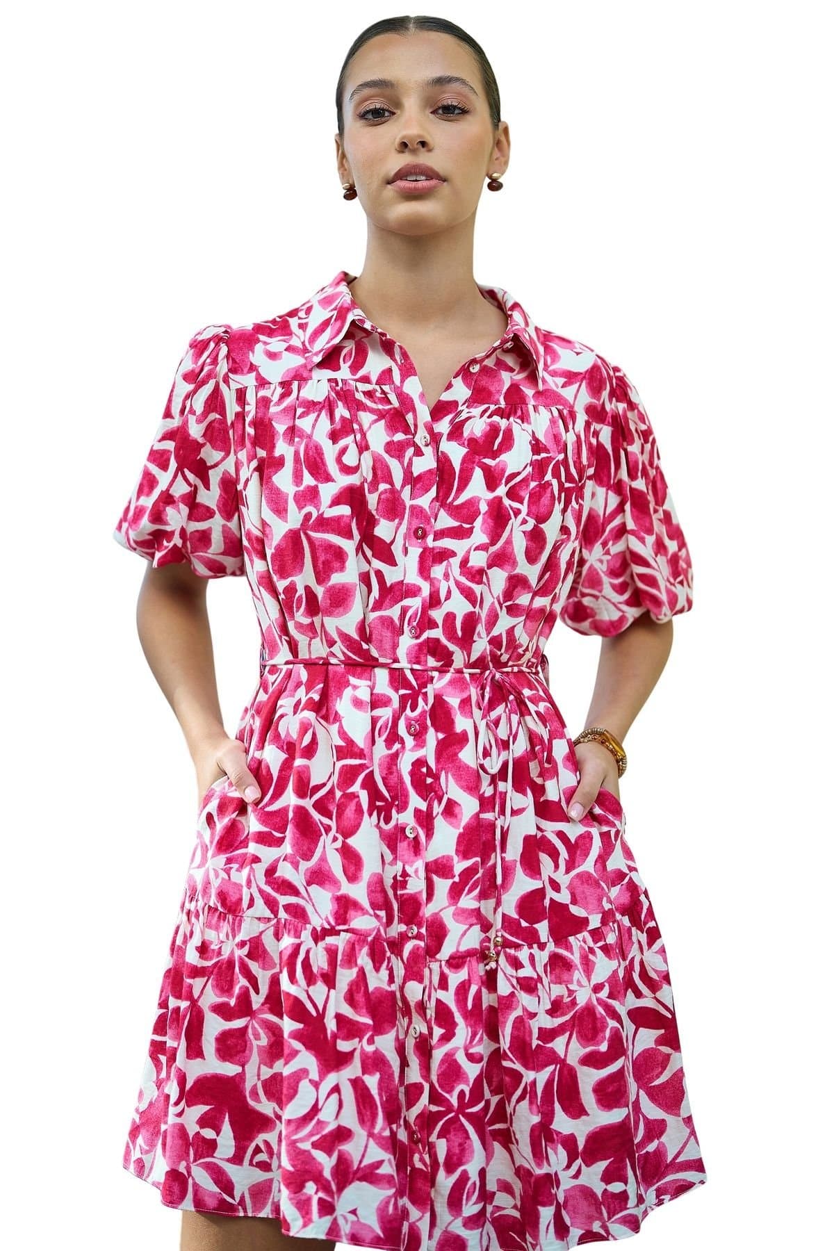 Yumi Yumi Women's Floral Print Viscose Relaxed Shirt Dress in Fuchsia