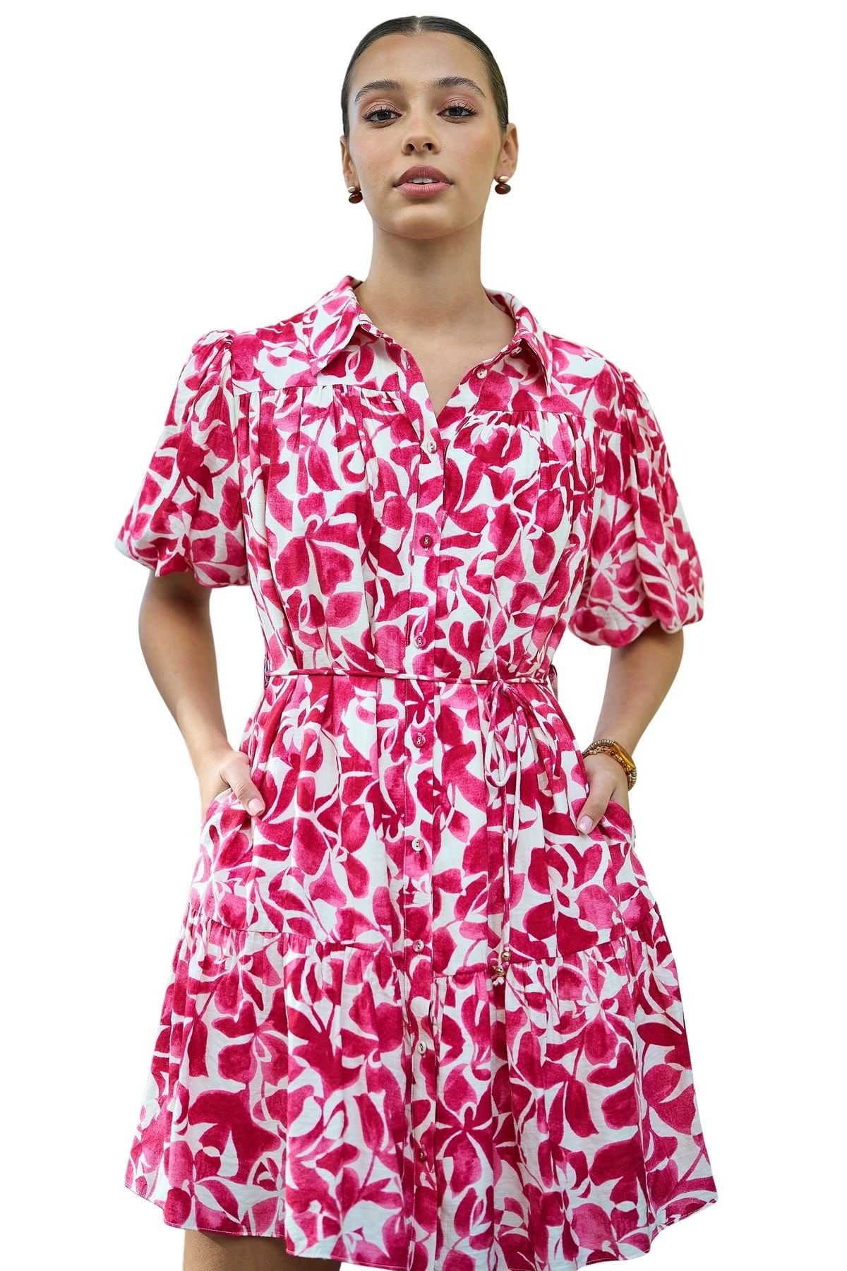 Yumi Fuchsia Floral Print Viscose Mini Dress