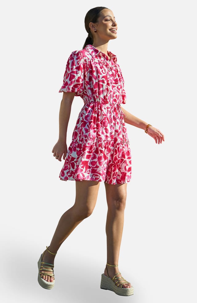 Yumi Yumi Women's Floral Print Viscose Relaxed Shirt Dress in Fuchsia - 2