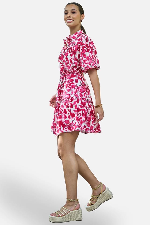 Yumi Yumi Women's Floral Print Viscose Relaxed Shirt Dress in Fuchsia - 3