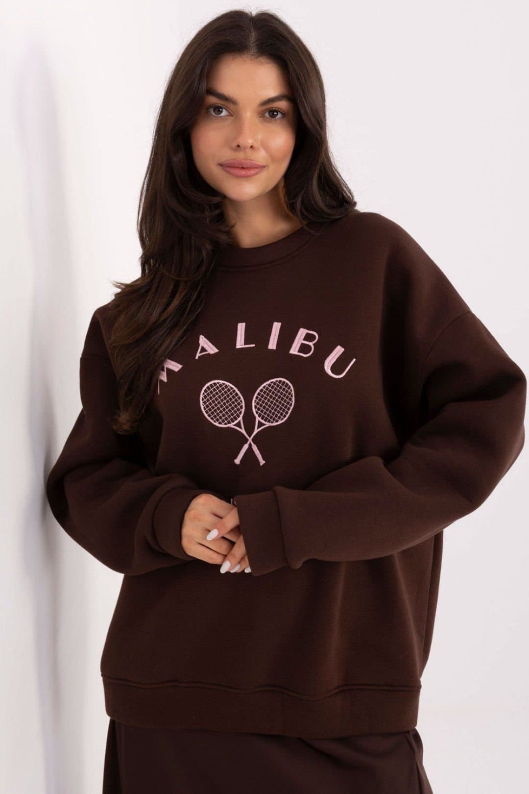 Love Lace Love Lace Women's Cotton Polyester Embroidered Loose Sweatshirt in Brown