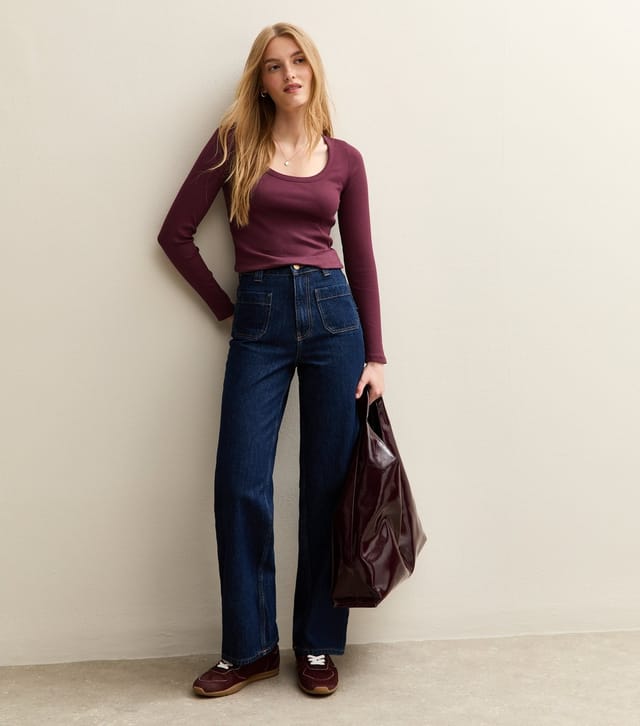 New Look Women's Purple Scoop Neck Long Sleeve Ribbed Top New Look - 3