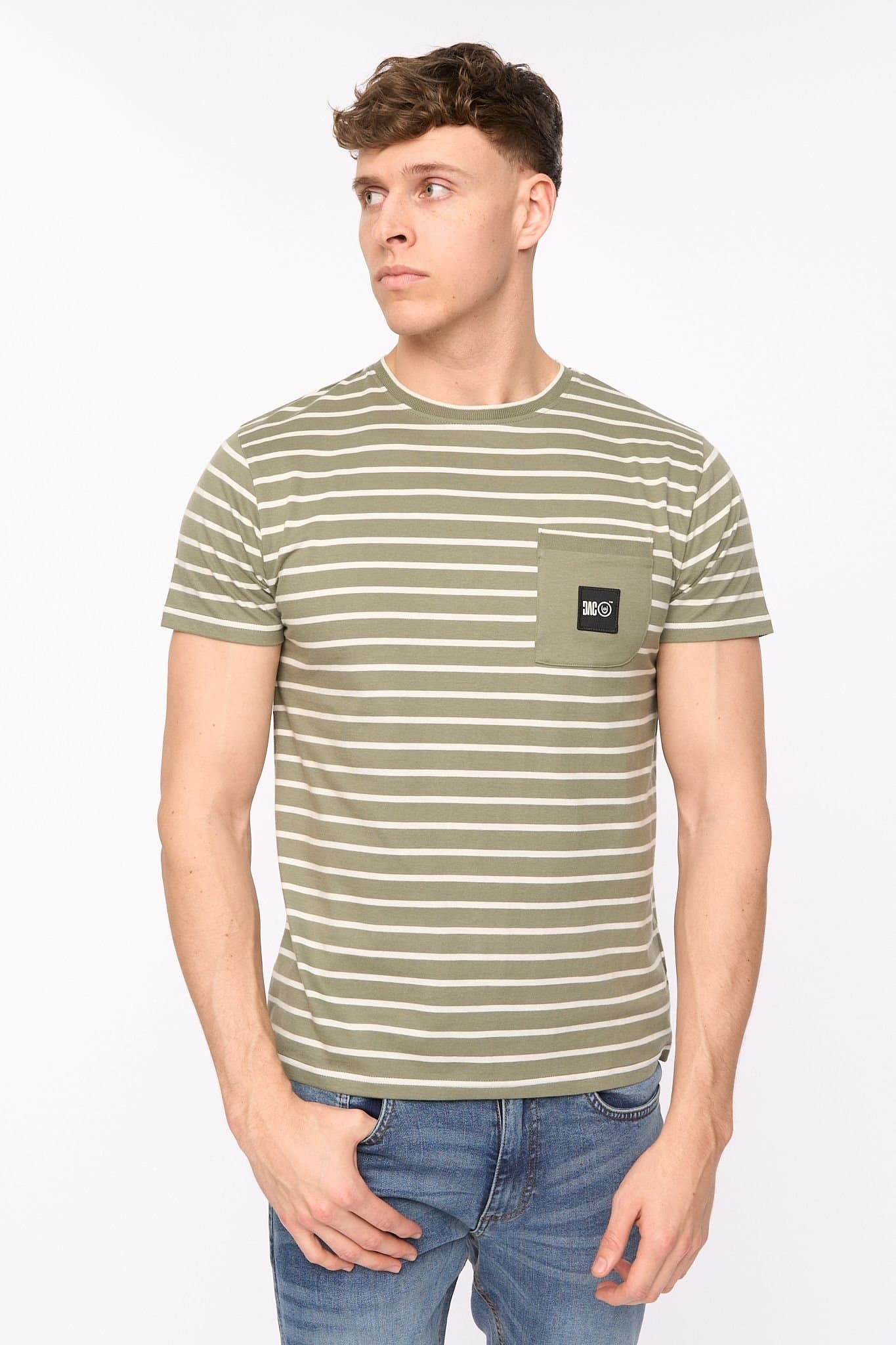 Duck&Cover Duck&Cover Men's Danversity Striped Cotton T-Shirt with Chest Pocket in Olive