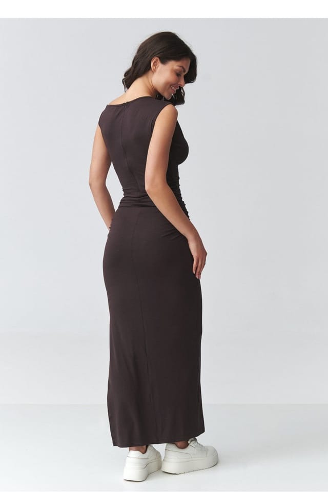 Love Lace Love Lace Women's Fitted Ruched Maxi Dress with High Slit in Brown - 3