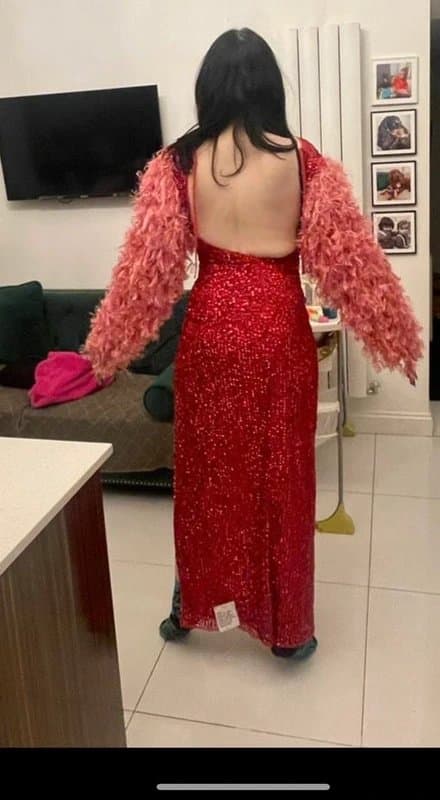 ASOS Asos luxe embellished Christmas party diva maxi dress with faux feather sleeves in red