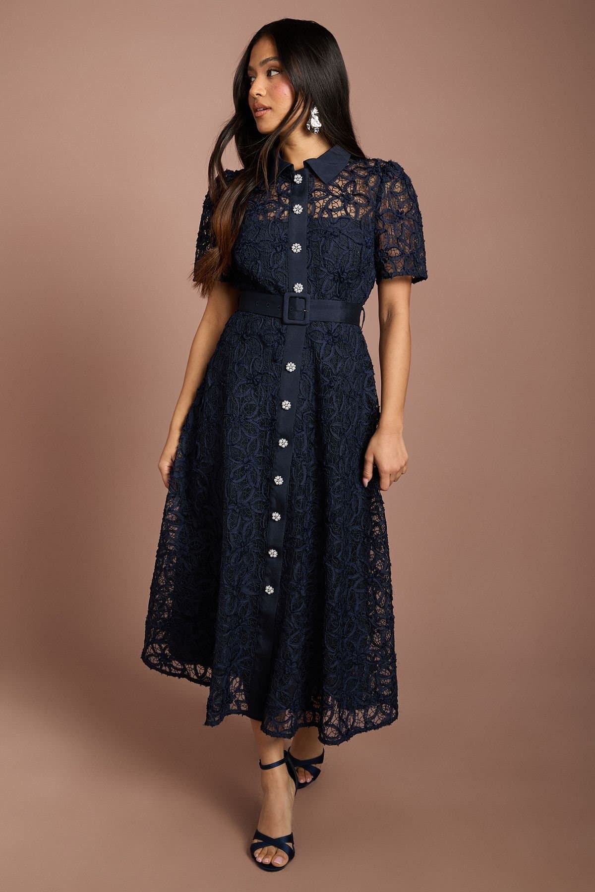 Coast Coast Women's Petite Floral Lace Collared Midi Dress in Navy