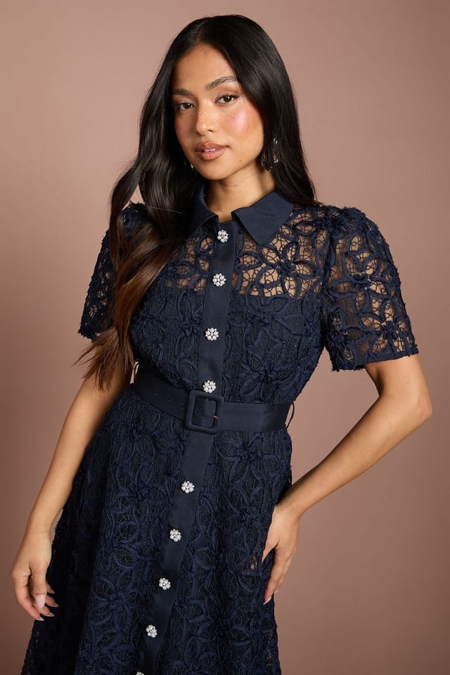Coast Coast Women's Petite Floral Lace Collared Midi Dress in Navy - 2