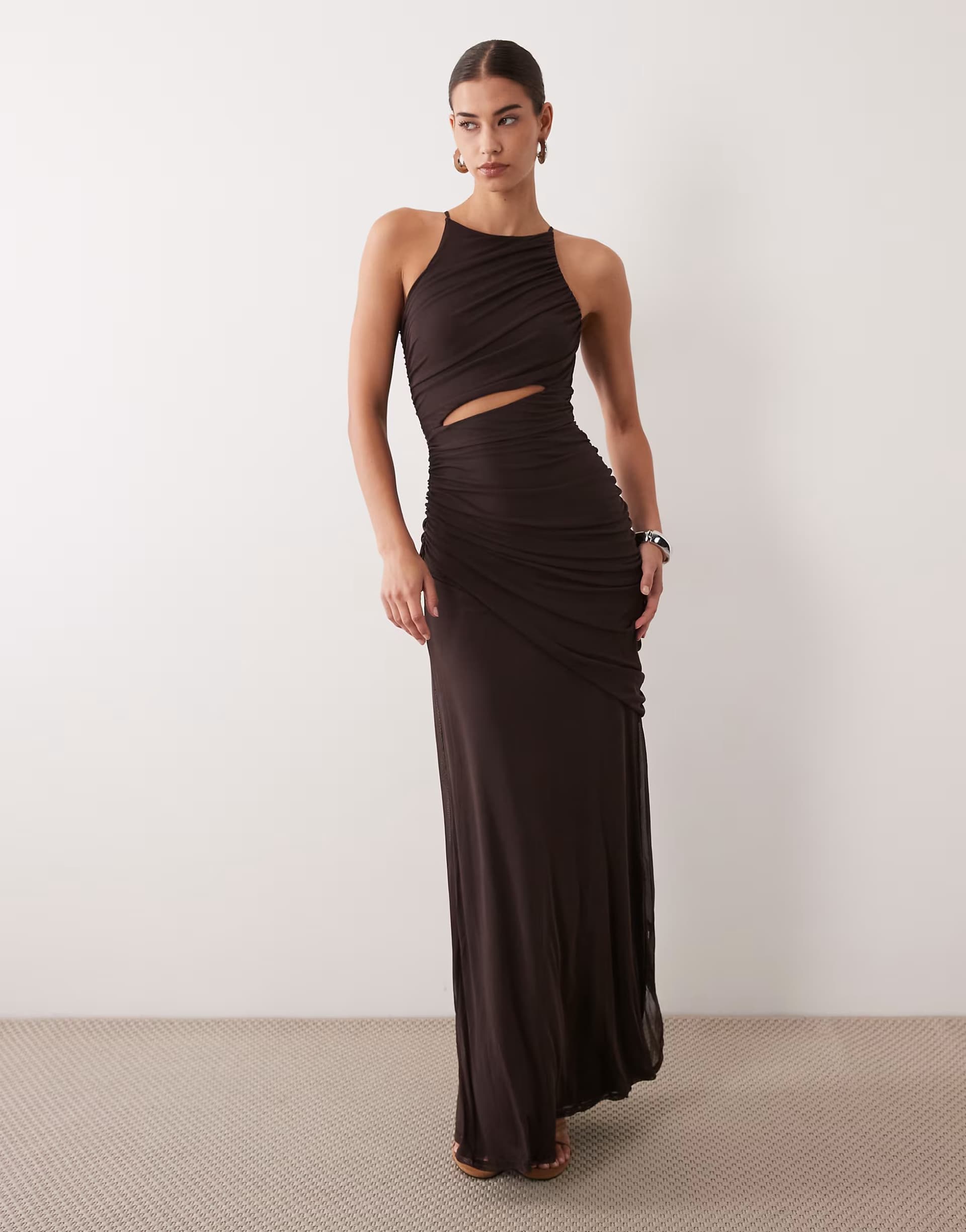 ASOS ASOS DESIGN mesh square halter maxi dress with asymmetric ruching in brown