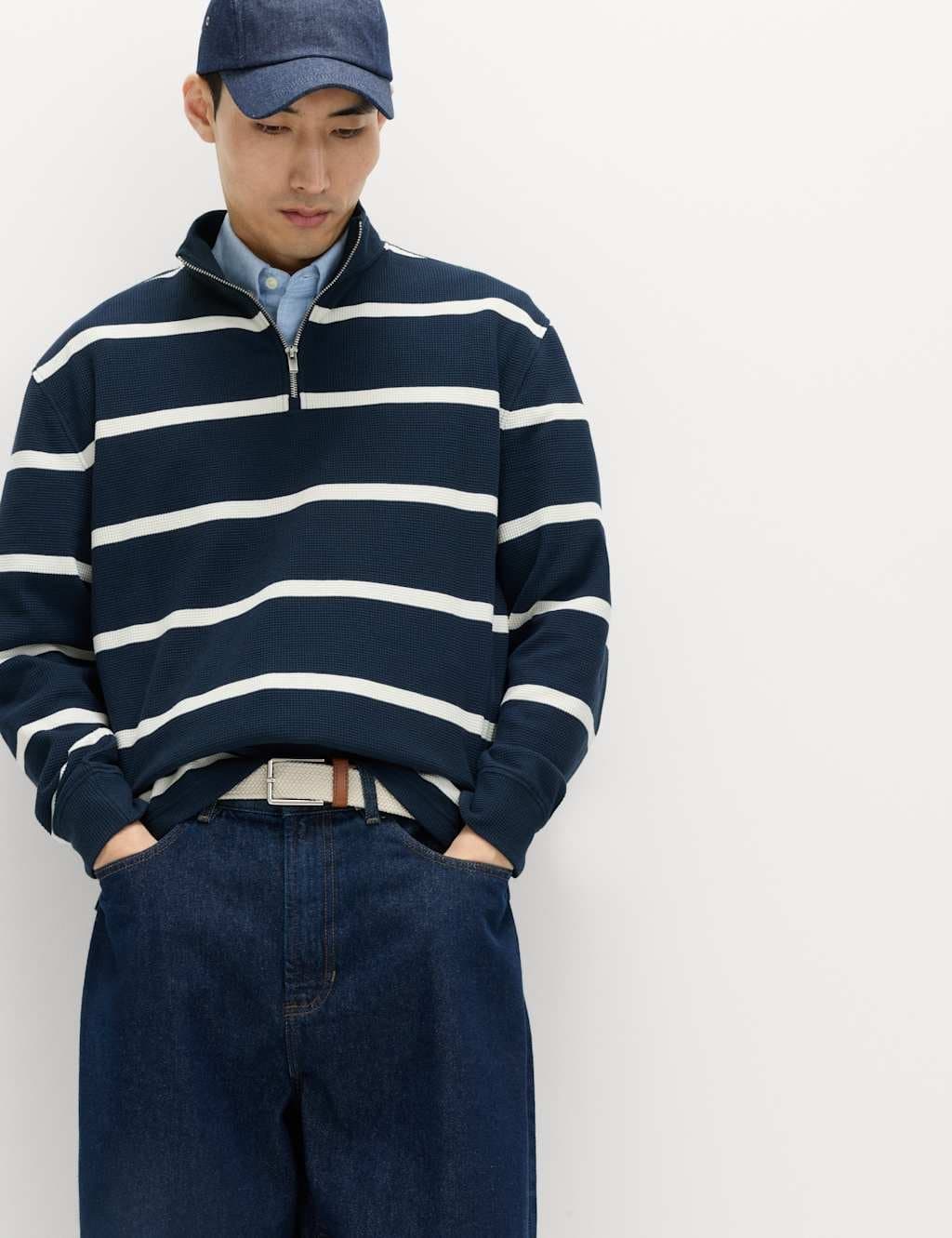 Marks & Spencer M&S Cotton Rich Waffle Striped Half Zip Sweatshirt Navy
