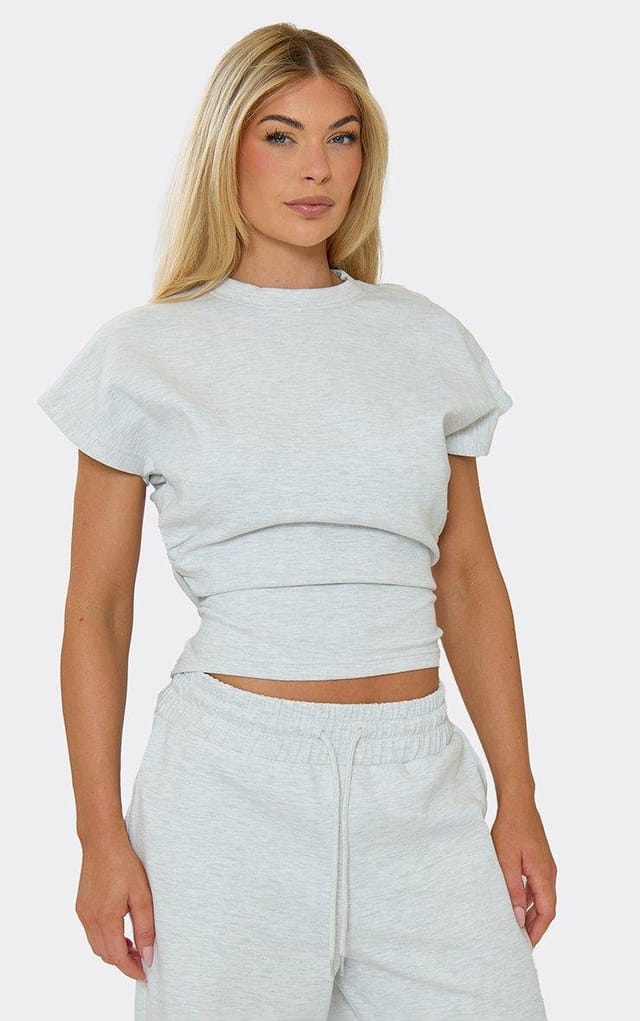 EGO Short Sleeve Ruched Waist Top In Grey Marl Interlock, Women's Size UK 6 - 2