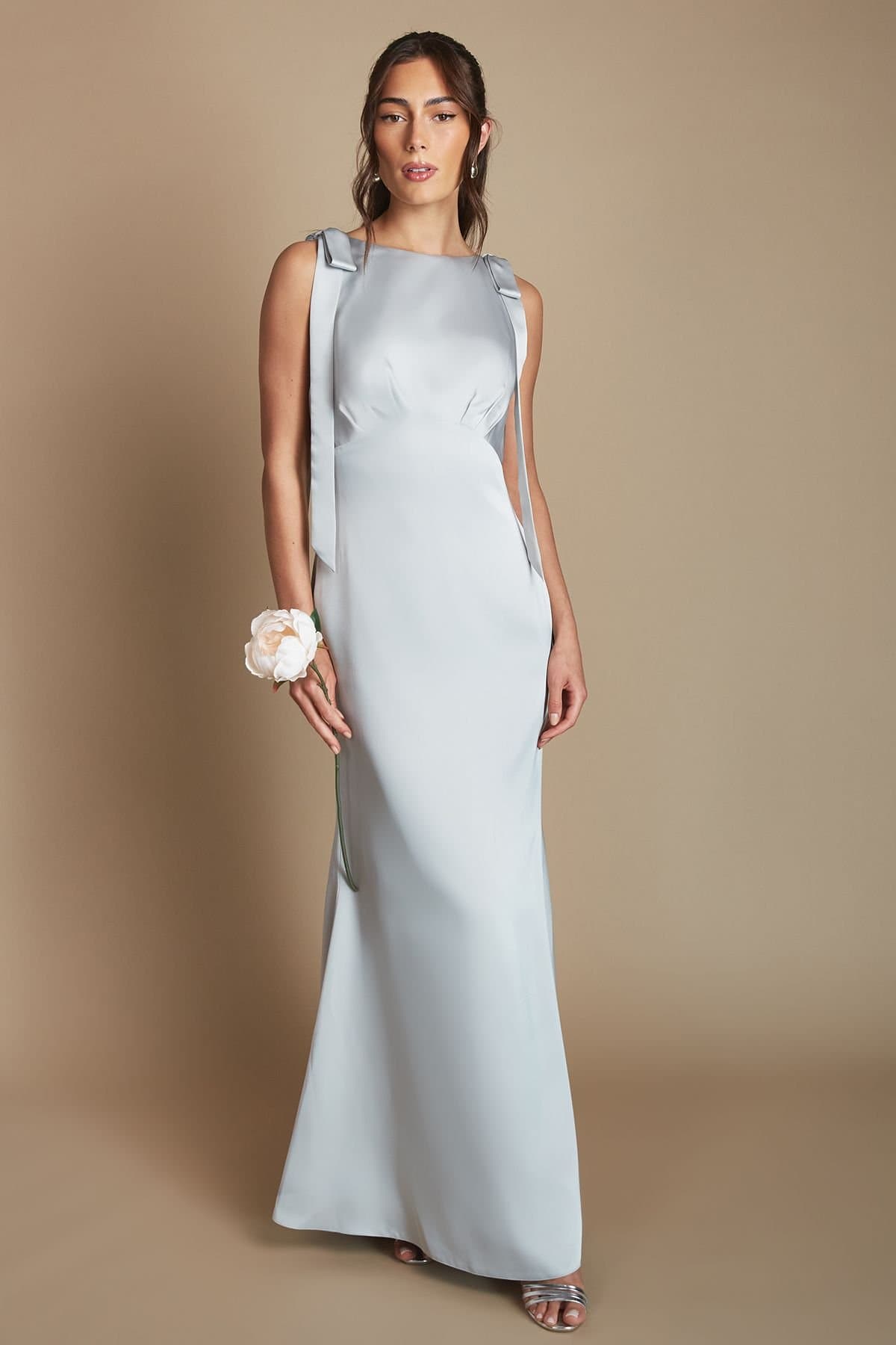 Coast Coast Women's Honoured Sleeveless High Neck Tie Shoulder Satin Maxi Bridesmaid Dress in Sage
