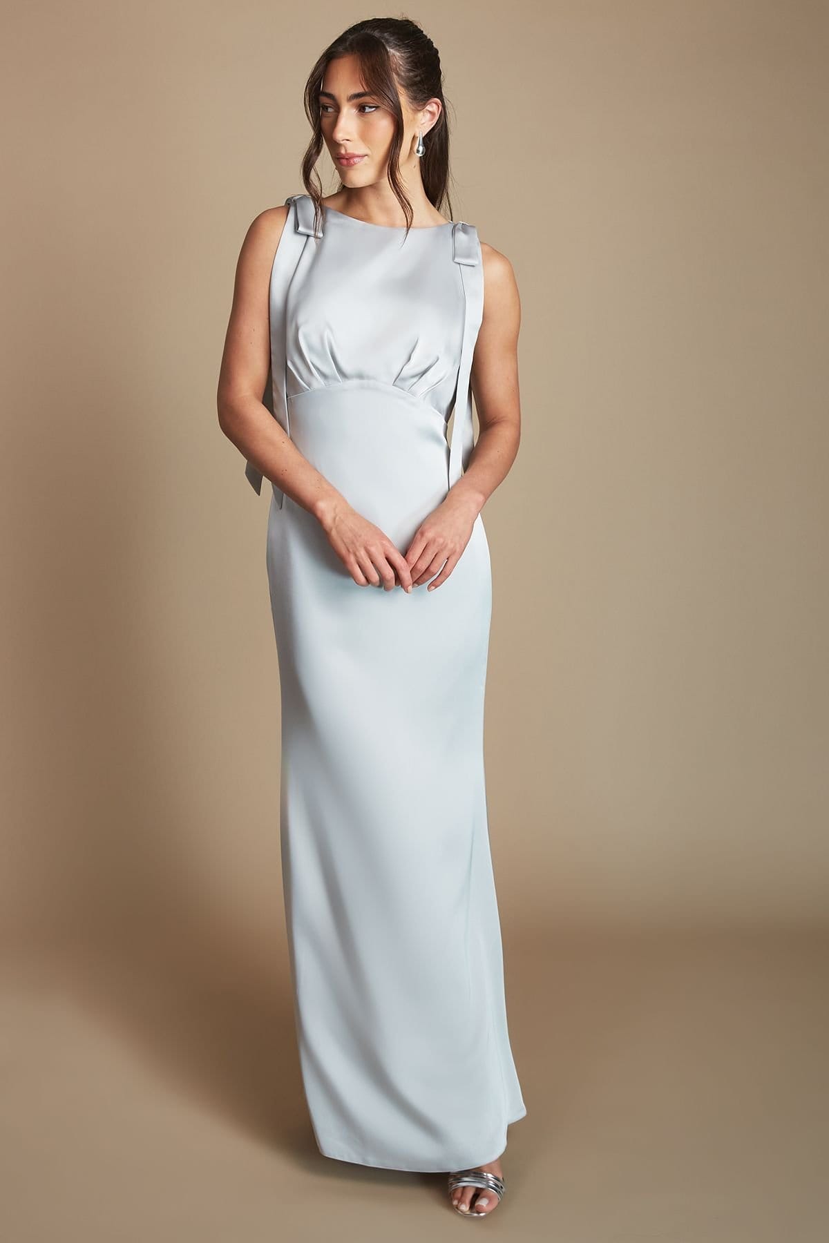 Coast Coast Women's Honoured Sleeveless High Neck Tie Shoulder Satin Maxi Bridesmaid Dress in Sage - 4