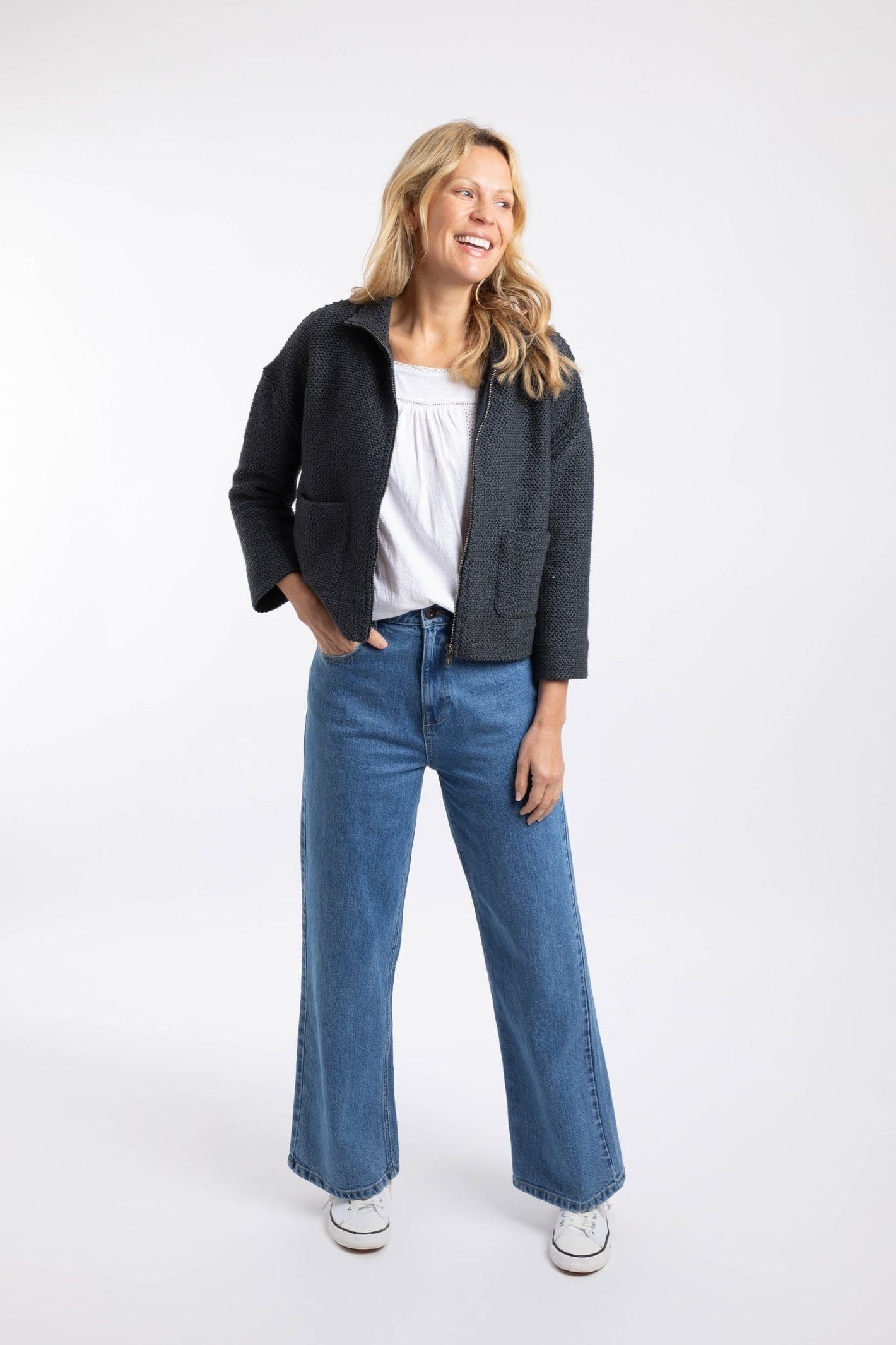 Weird Fish Weird Fish Women's Emily Full Zip Cropped Macaroni Sweatshirt Jacket in Navy - 4