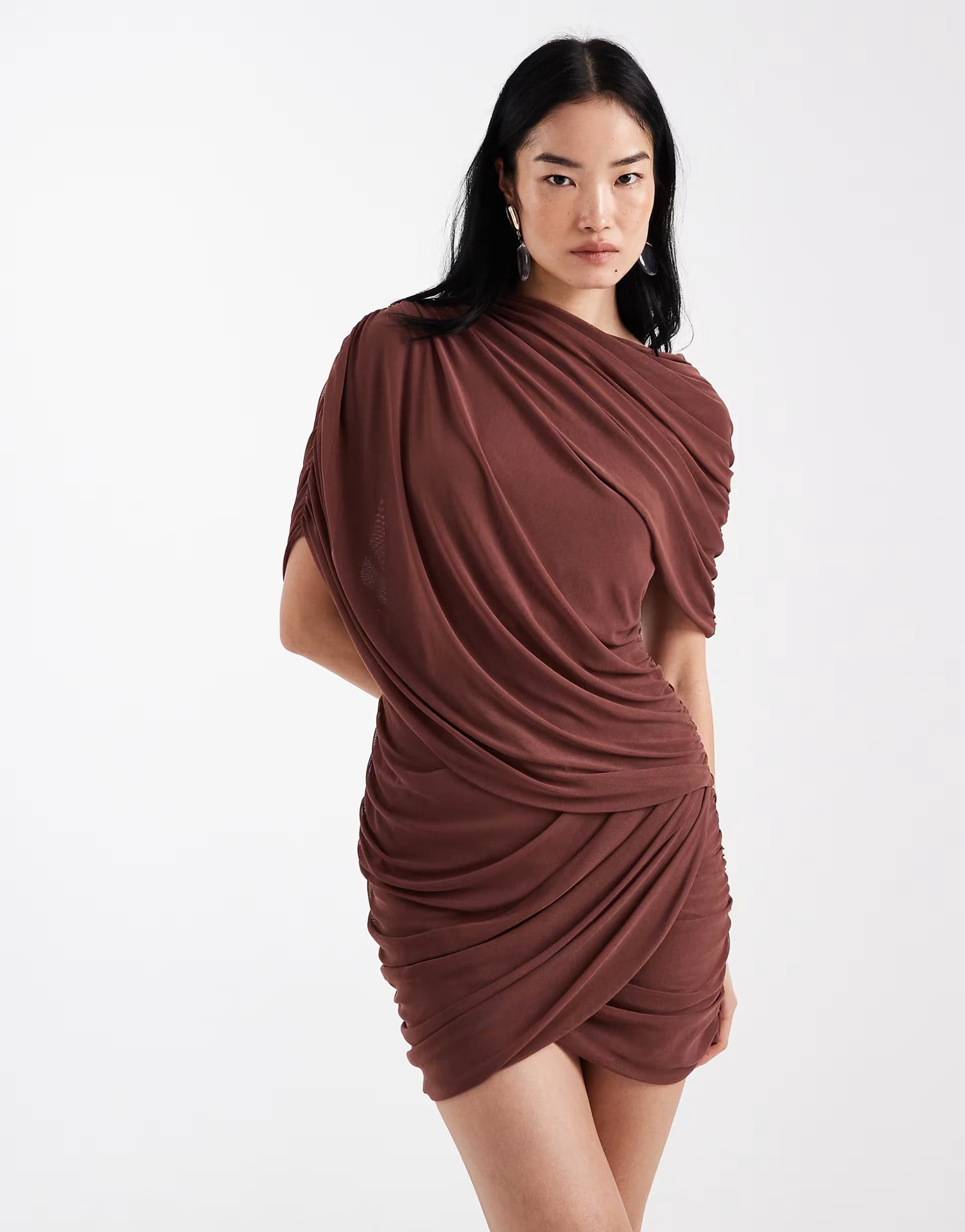 ASOS ASOS DESIGN mesh draped cape detail mini dress in chestnut