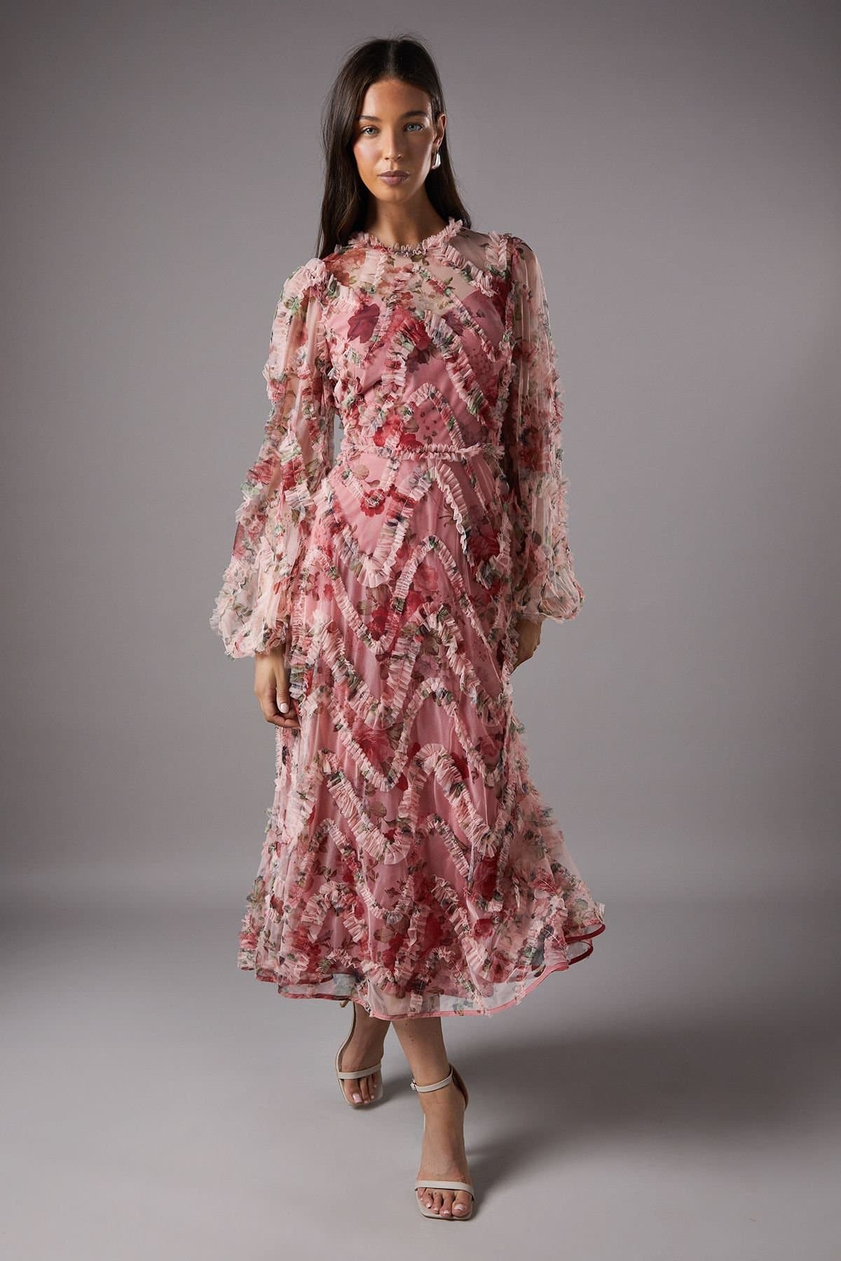 Coast Coast Women's Long Sleeve Applique Floral Midi Dress in Pink
