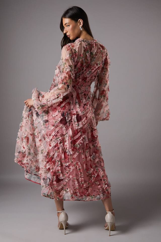 Coast Coast Women's Long Sleeve Applique Floral Midi Dress in Pink - 3