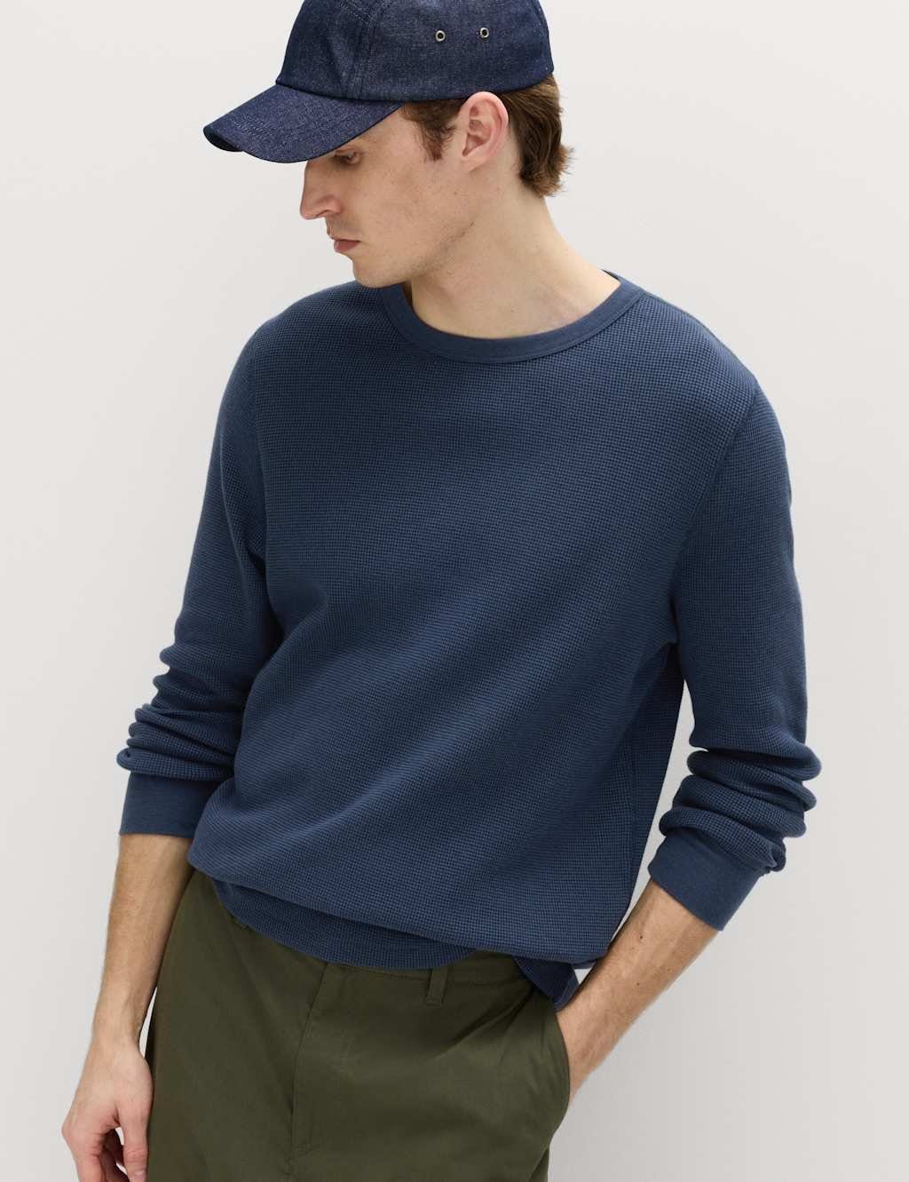 M&S Navy Waffle Sweatshirt in Pure Cotton