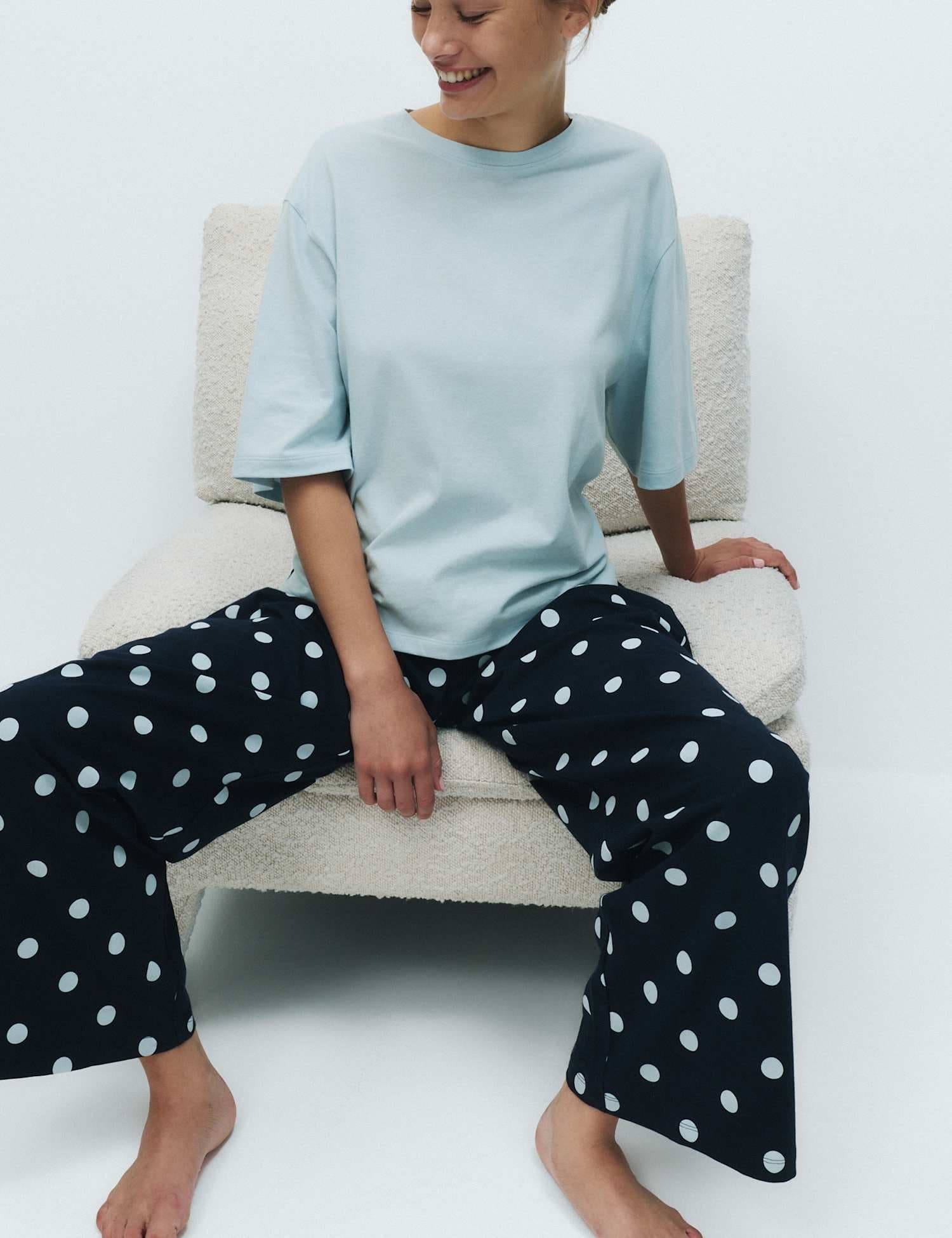 Marks & Spencer M&S Pure Cotton Printed Drop Shoulder Pyjama Set Navy Mix
