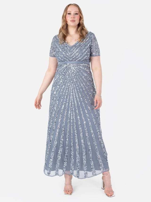 Maya Deluxe Maya Deluxe Women's Short Sleeve Stripe Embellished Maxi Dress in Blue - 2