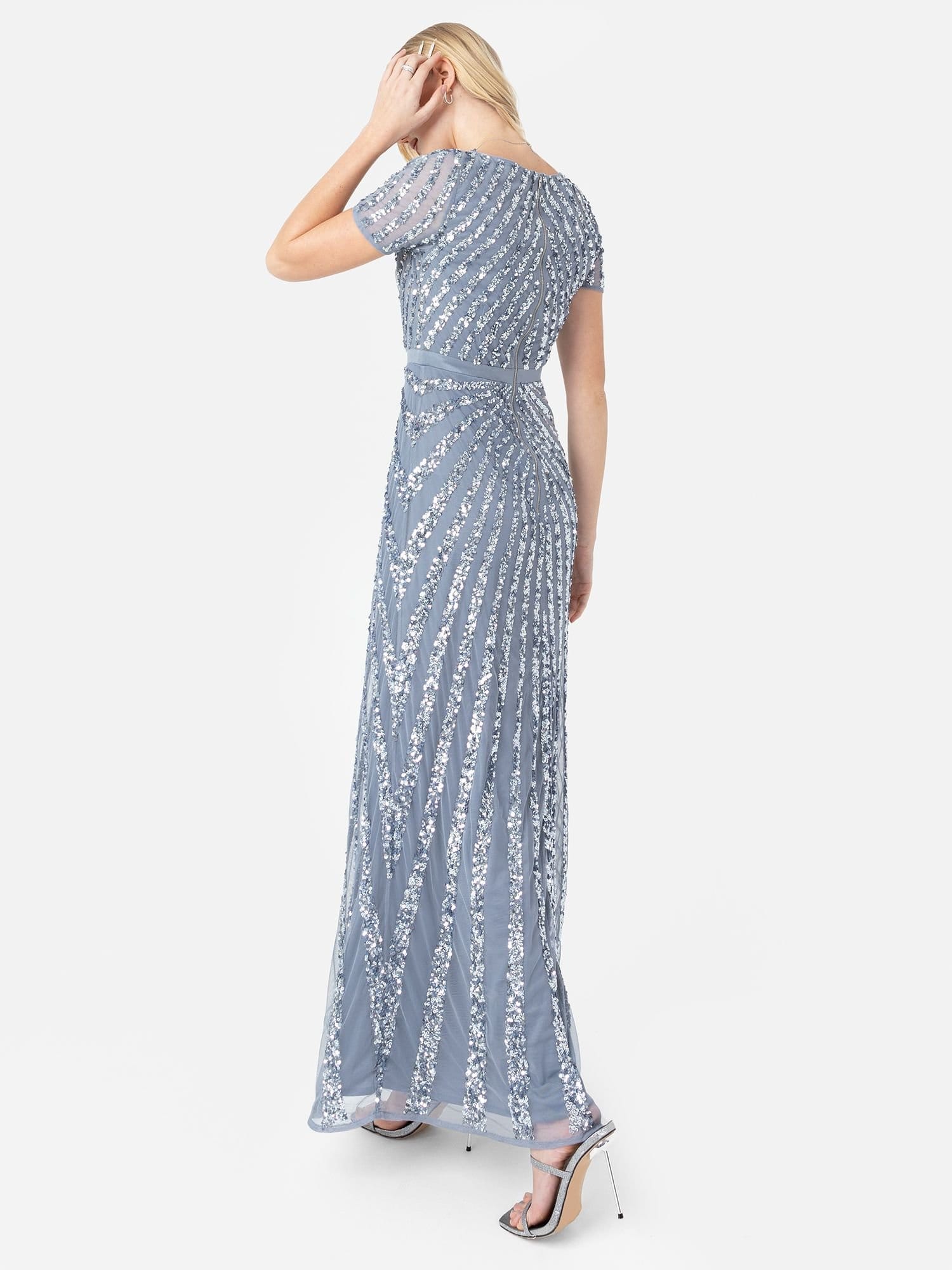 Maya Deluxe Maya Deluxe Women's Short Sleeve Stripe Embellished Maxi Dress in Blue - 4
