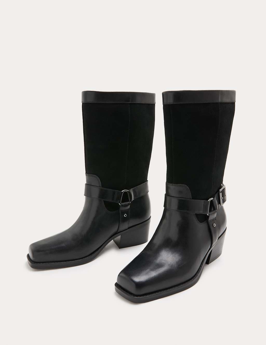 Marks & Spencer M&S Leather Biker Buckle Block Heel Mid Calf Boots Black