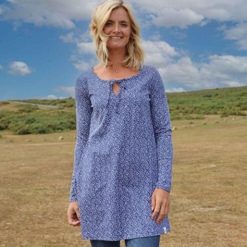 Lazy Jacks Lazy Jacks Women's Mosaic Front Tie Tunic Top in Dark Blue - 2