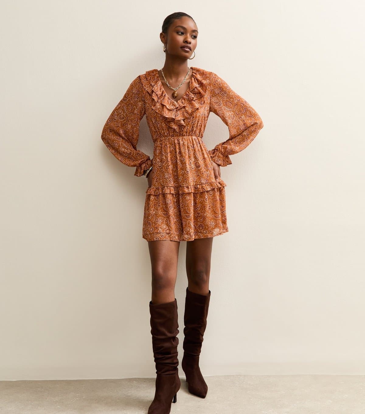 New Look Women's Orange Chiffon Ruffle Paisley Pattern Mini Dress New Look