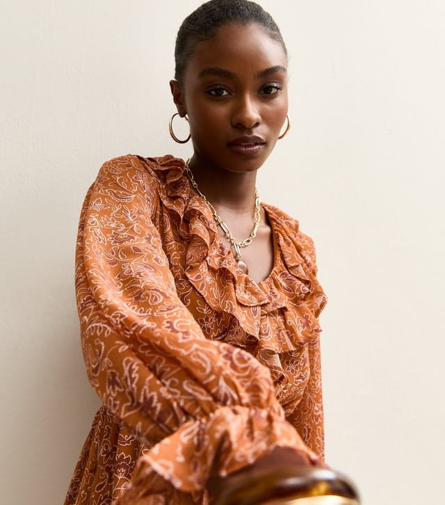 New Look Women's Orange Chiffon Ruffle Paisley Pattern Mini Dress New Look - 3