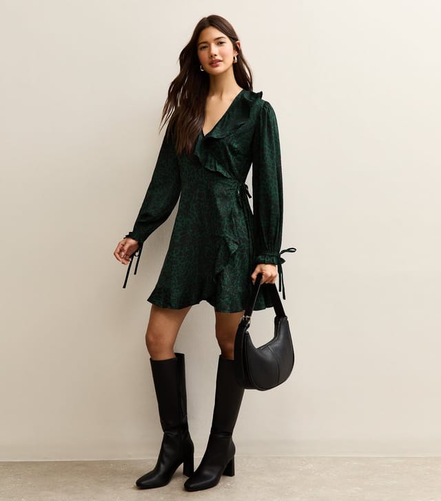 New Look Women's Dark Green Animal Print Ruffled Crepe Mini Wrap Dress New Look - 3