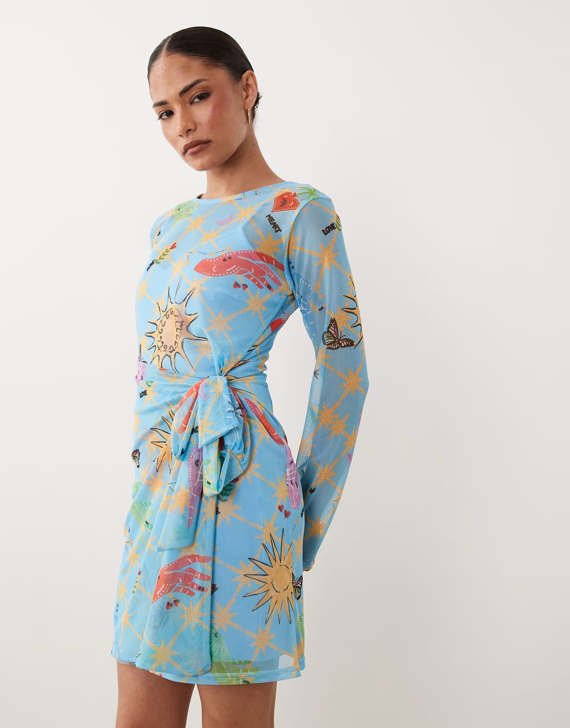 ASOS Petite Blue Celestial Print Mesh Mini Dress