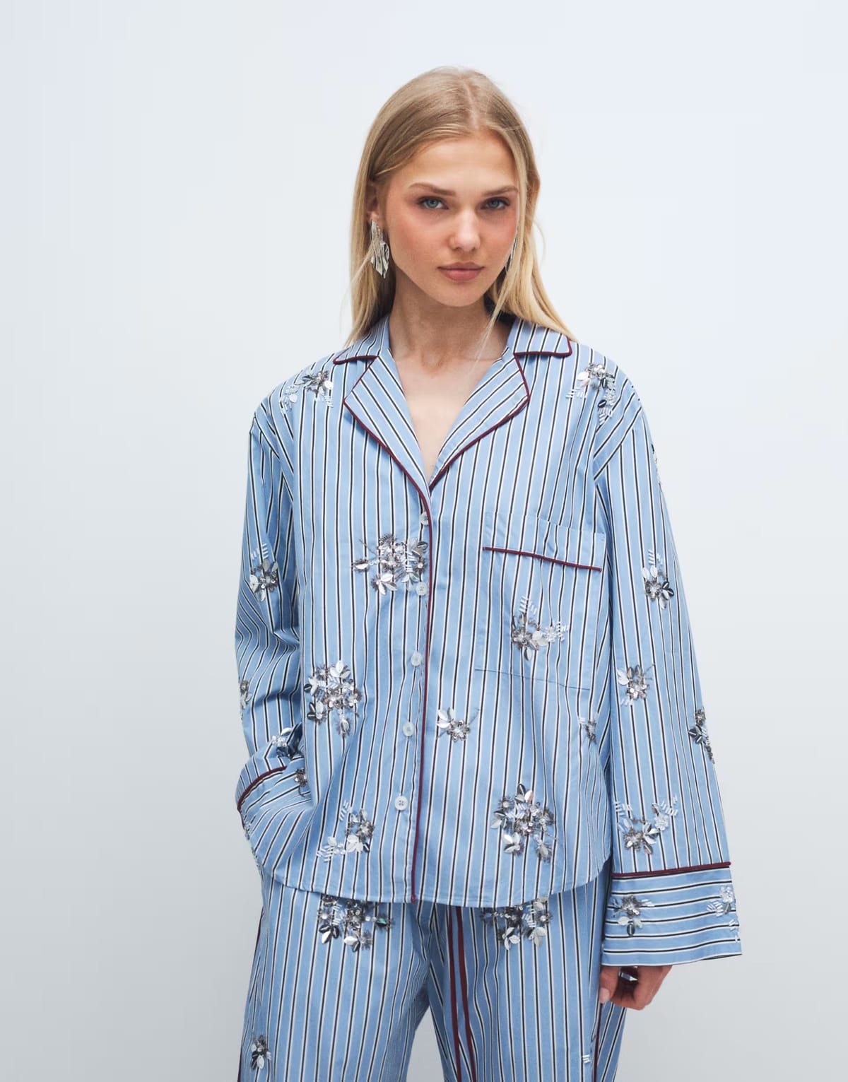 ASOS ASOS DESIGN embellished pyjama co-ord shirt in stripe - 1
