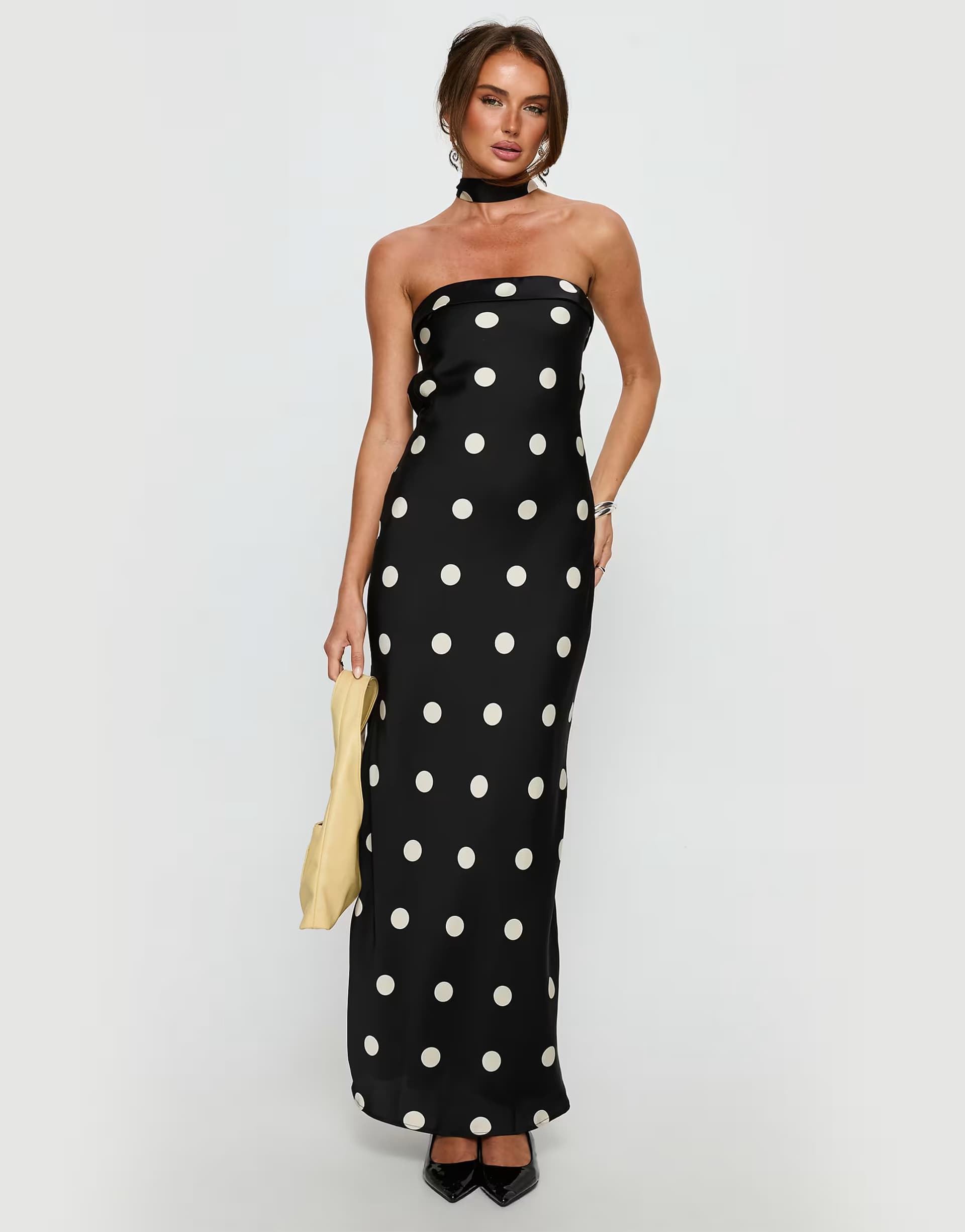 ASOS Princess Polly Madilaine satin bandeau foldover detail scarf maxi dress in black polka dot