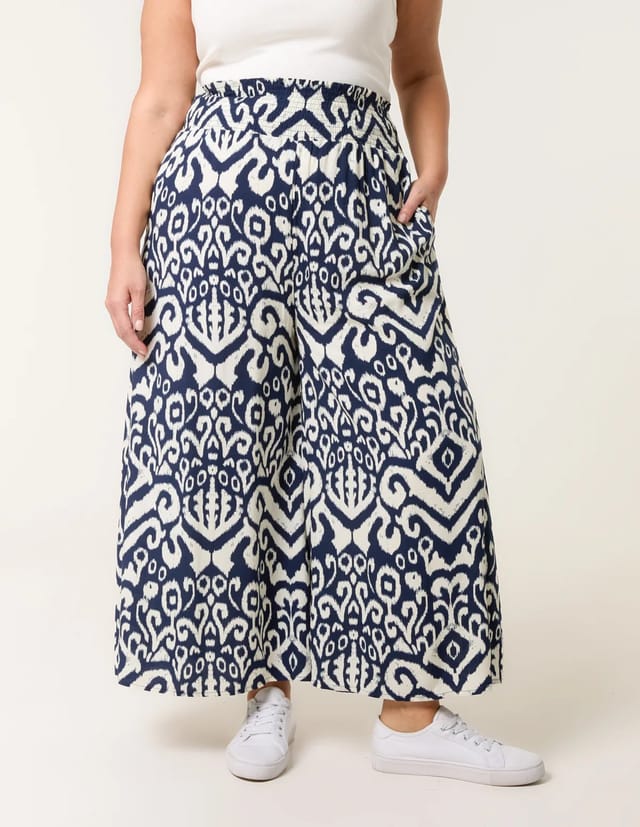 Blue Vanilla Curve Abstract Printed Shirred Waist Wide Leg Trousers - 2