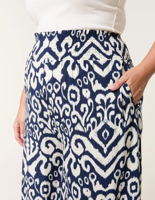 Blue Vanilla Curve Abstract Printed Shirred Waist Wide Leg Trousers - 3