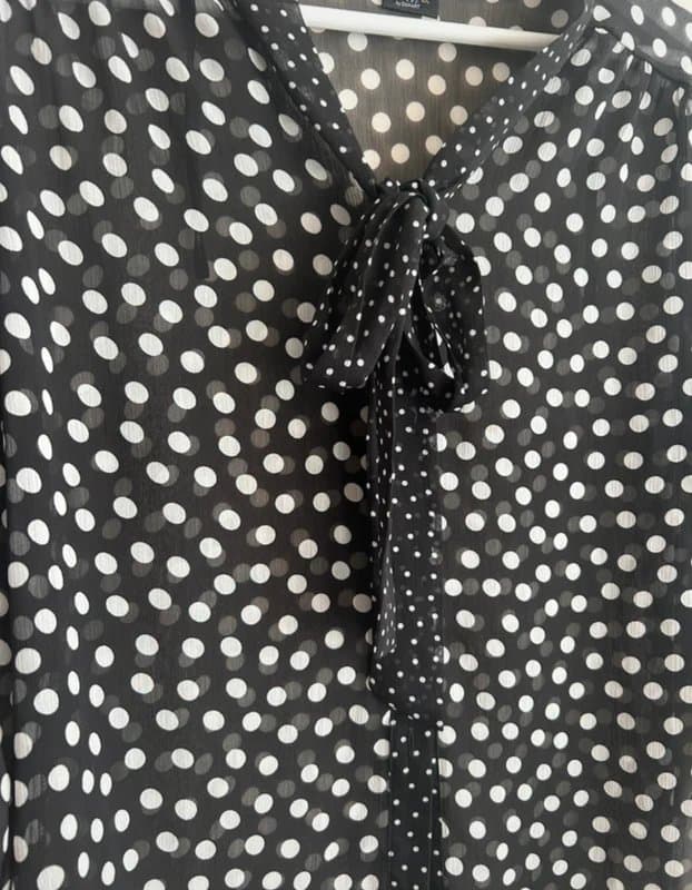 Damart 🖤 Happy D Damart UK 16 Black White Polka Dot Blouse Sheer Tie Neck Top Chic