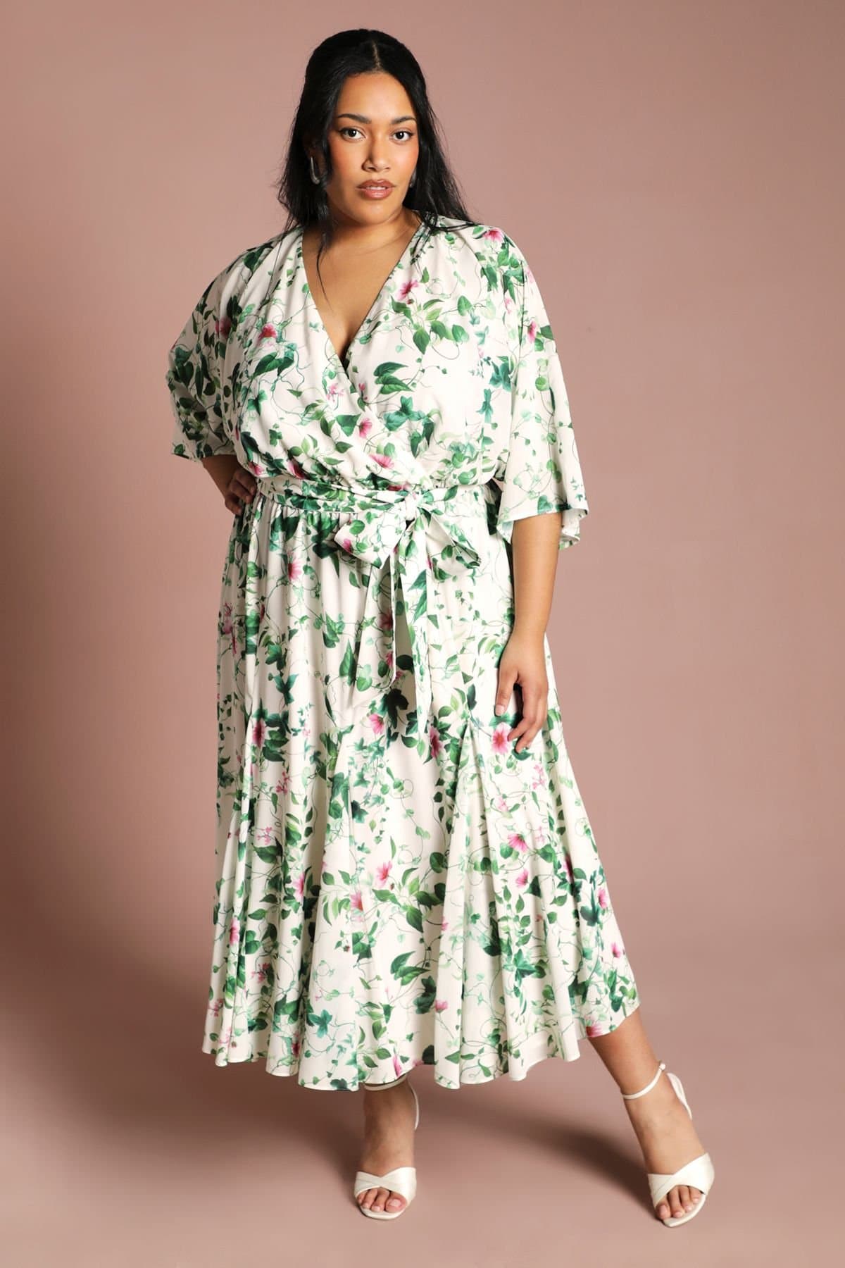 Coast Coast Women's Plus Wrap Midi Dress With Floral Print in Cream