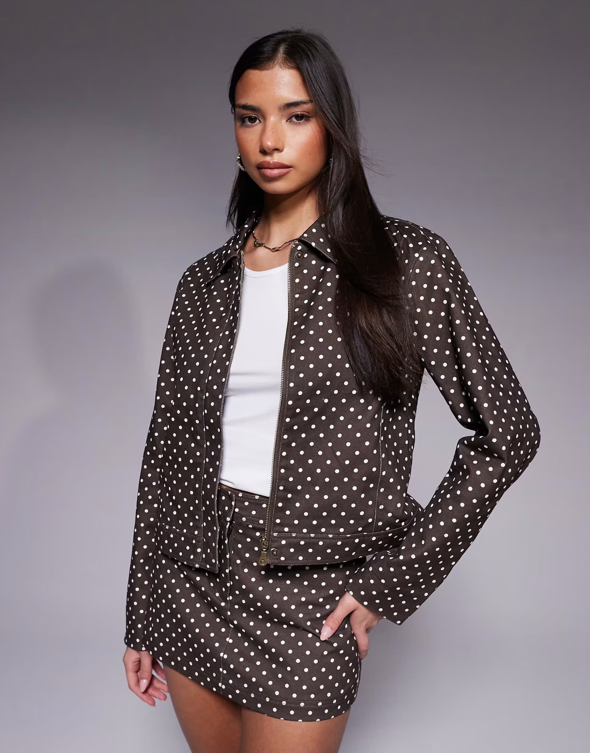 ASOS The Frolic exclusive cotton denim collared cropped jacket co-ord in chocolate polka dot