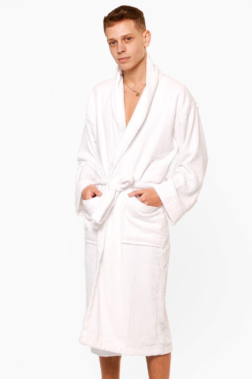 OHS OHS Men's Towel Bath Robe Dressing Gown 100% Cotton in White