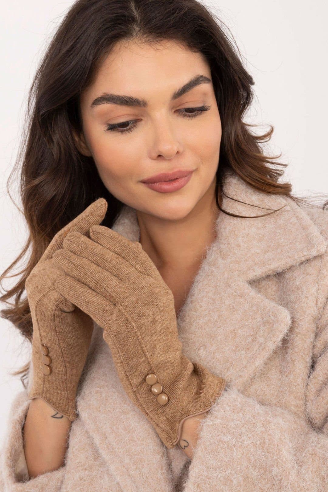 Love Lace Love Lace Women's Elegant Warm Touchscreen Gloves with Embroidered Flower Wrist Buttons in Brown