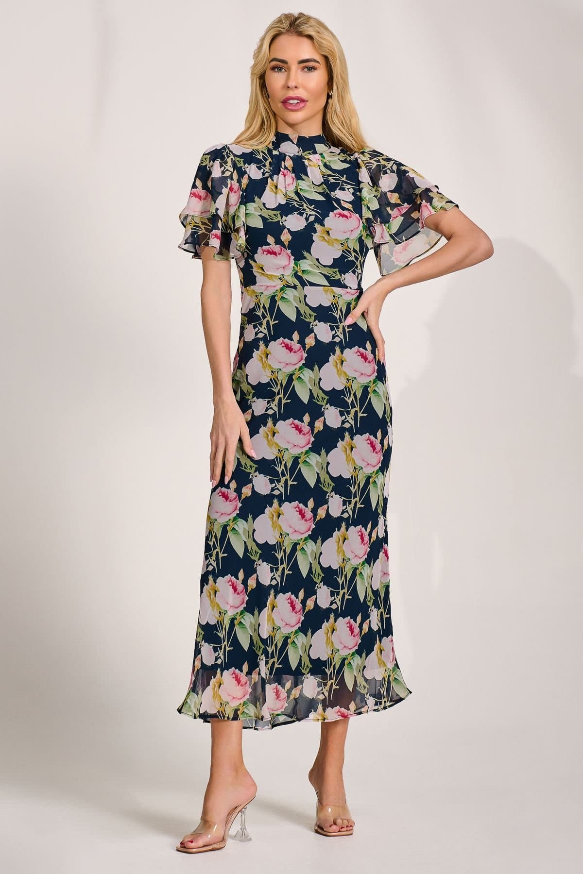 Jolie Moi Jolie Moi Women's High Neck Angel Sleeve Chiffon Maxi Dress