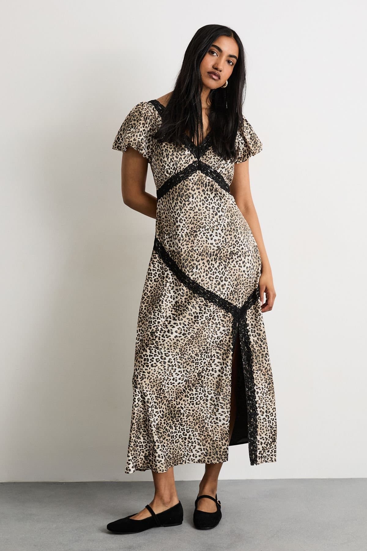 Warehouse Warehouse Women's Animal Print Puff Sleeve Lace Trim Midi Dress With Split