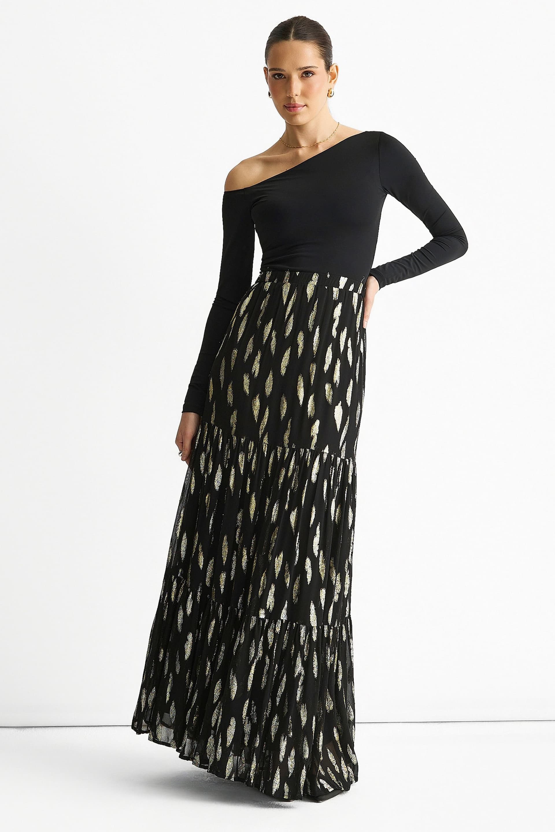 Gini London Gini London Women's Black Clipped Jacquard Tiered Maxi Skirt