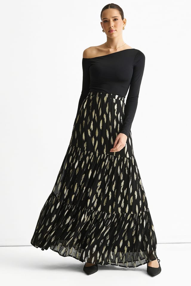 Gini London Gini London Women's Black Clipped Jacquard Tiered Maxi Skirt - 3