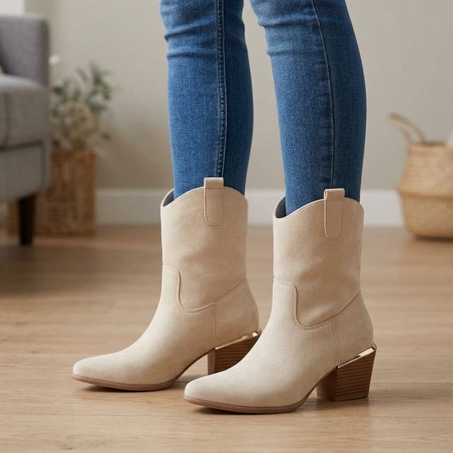 Truffle Collection Truffle Collection Women's Calf Boots Pointed Toe Slip On Microfibre Block Heel Shoes in Beige - 2