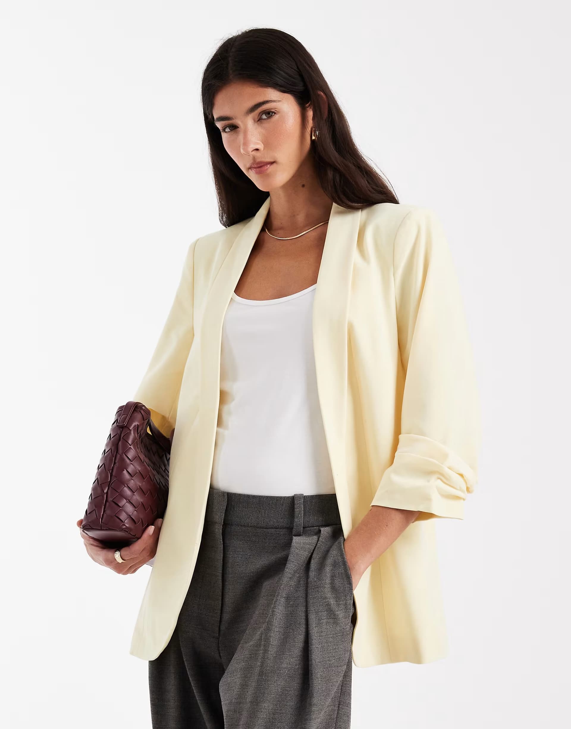ASOS Pieces tailored ruched sleeve blazer in pale yellow