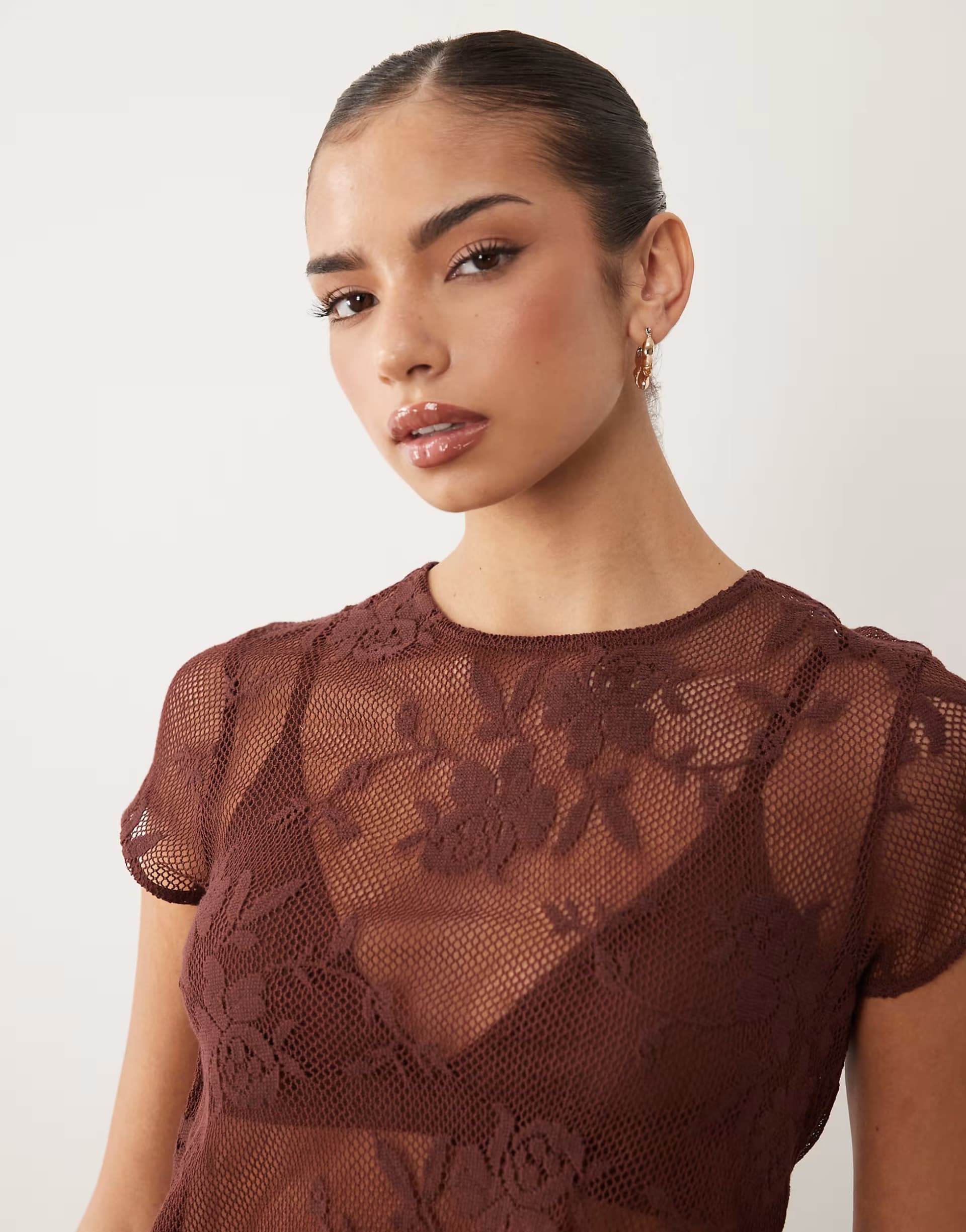 ASOS ASOS DESIGN co-ord crochet  floral lace baby tee in chocolate