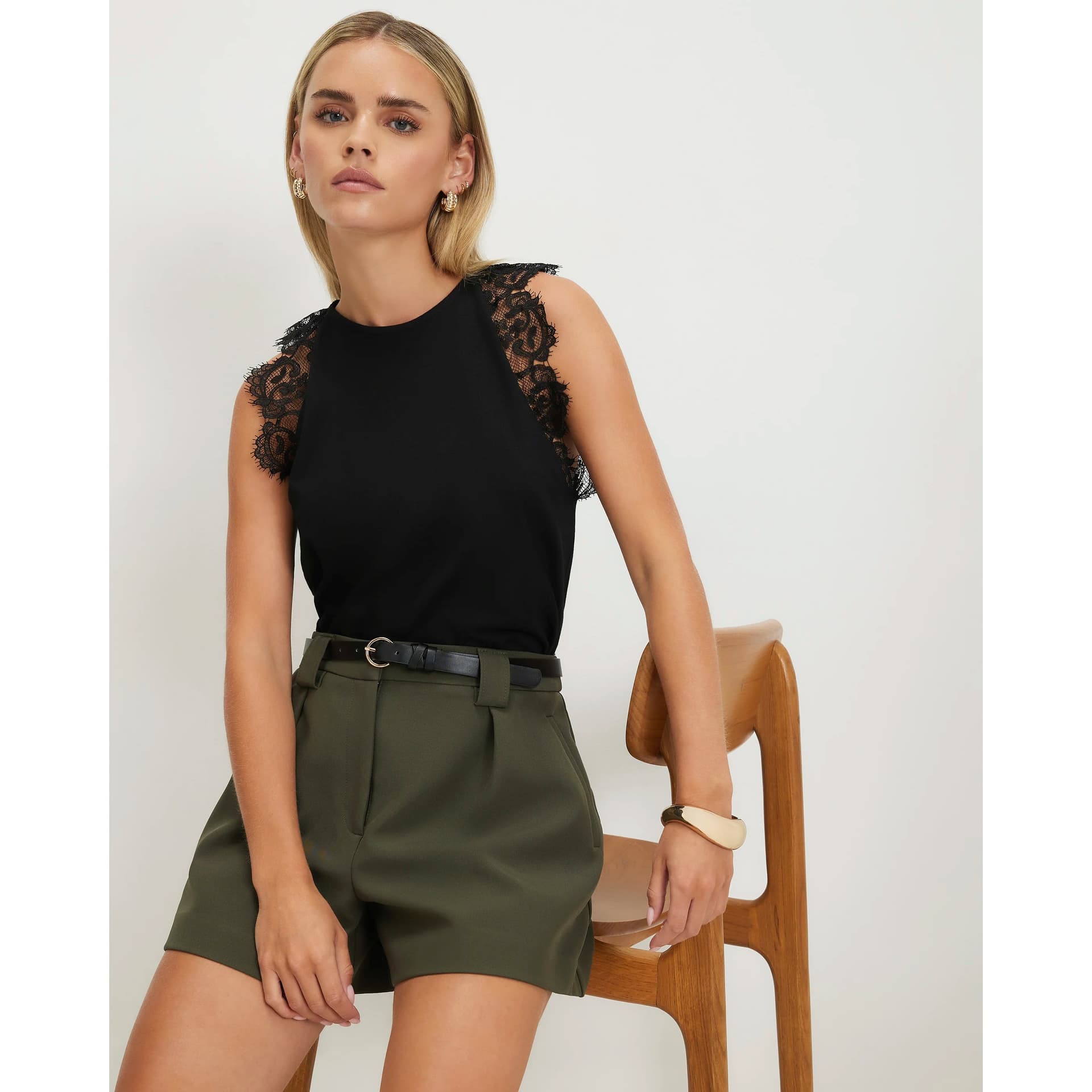 River Island River Island Womens Petite Khaki Smart Belted Tailored Shorts