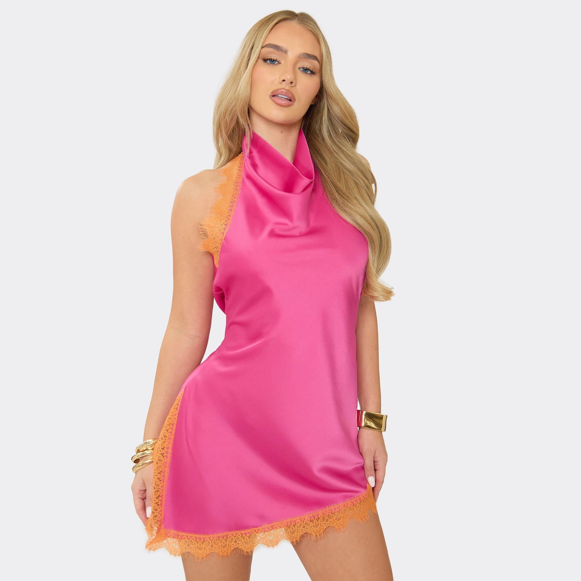 EGO Cowl High Neck Lace Trim Asymmetric Hem Detail Mini Dress In Pink Satin, Women's Size UK 6