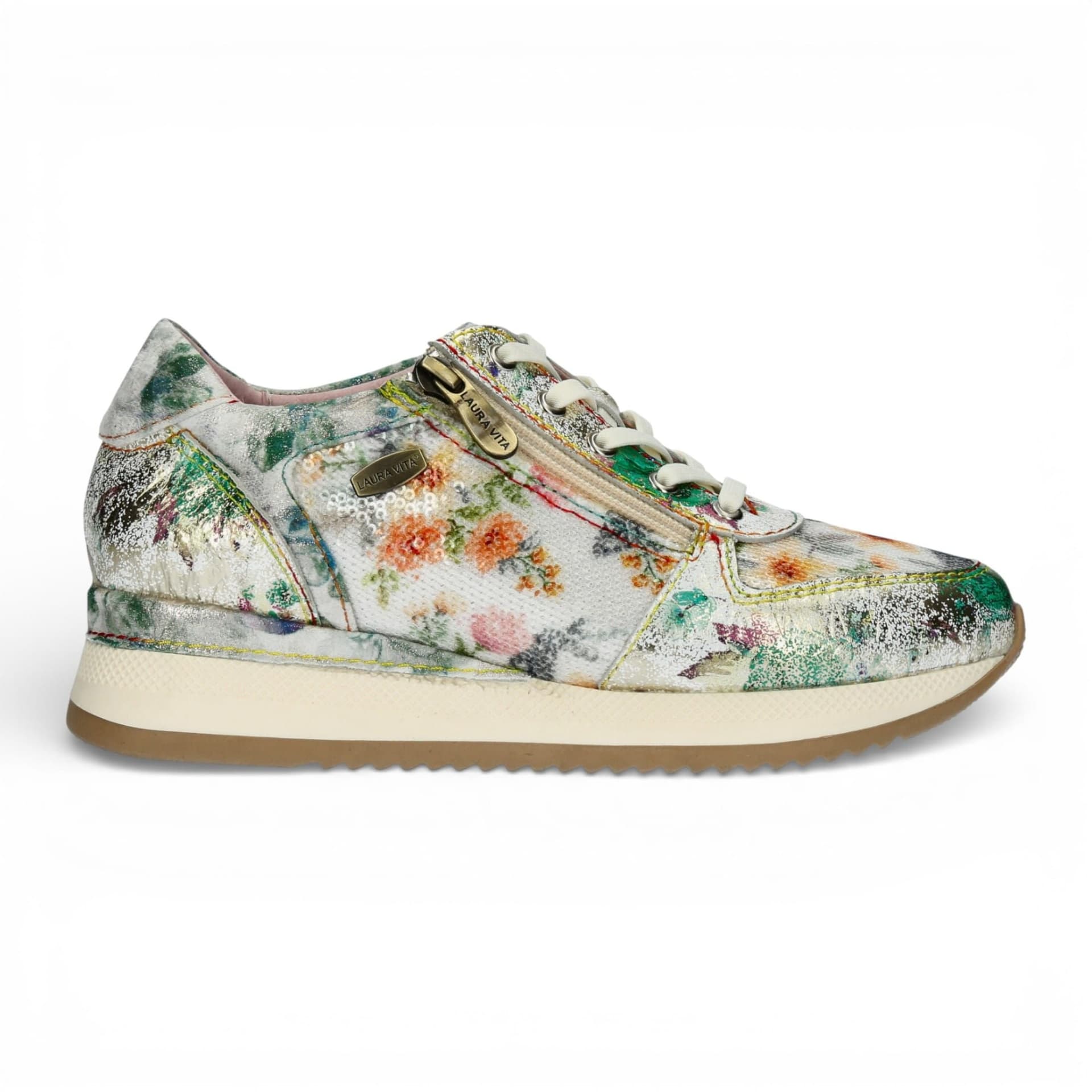 laura vita Laura Vita Women's Floral Leather Trainers Sneaker Shoes - Gycmo 58 in Metallic Silver